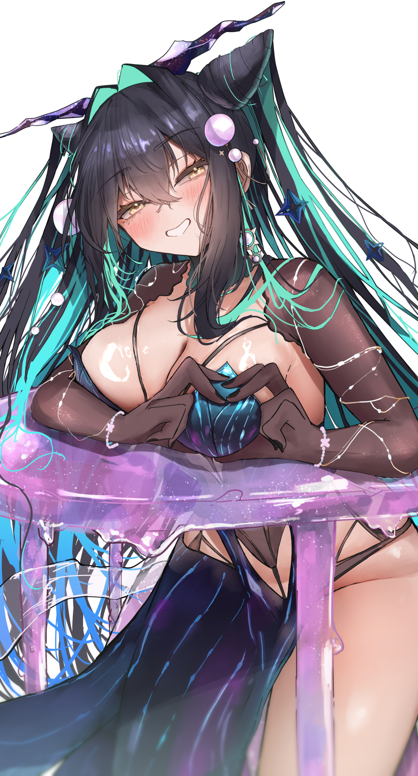 1girl absurdres aqua_hair breasts goddess_of_victory:_nikke hair_intakes heart heart_hands highres iwazaki large_breasts little_mermaid_(abyss_flower)_(nikke) little_mermaid_(nikke) multicolored_hair nail_polish official_alternate_costume slime_(substance) smile solo table two-tone_hair yellow_eyes
