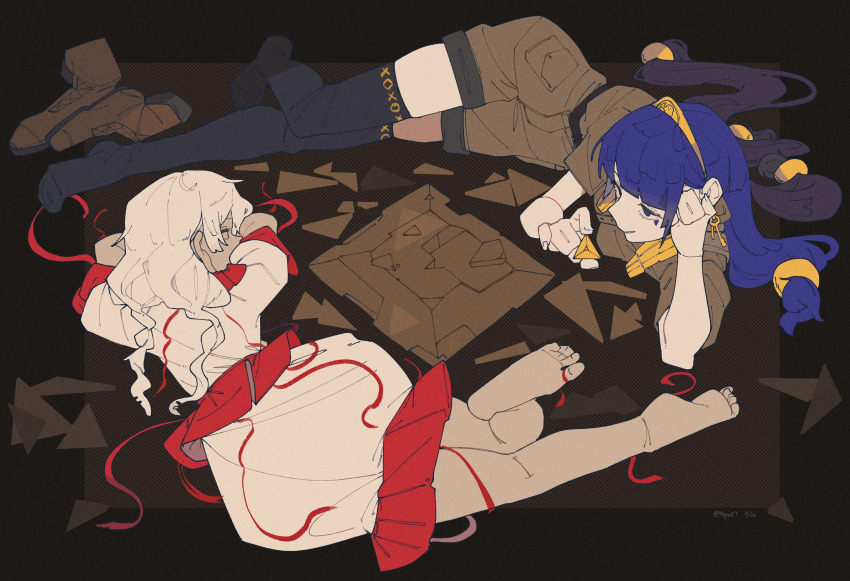 2girls 4qw5 absurdres barefoot black_thighhighs blue_hair blunt_bangs commentary_request dress earrings ebisu_eika highres jewelry key_earrings long_hair lying michigami_nareko multiple_girls smile thighhighs touhou white_dress white_hair