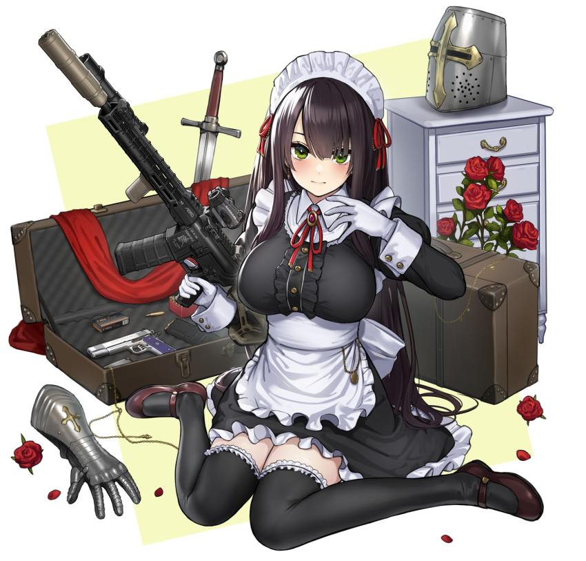 1girl apron assault_rifle black_dress black_thighhighs breasts brown_hair brown_shoes center_frills commentary_request dress flower frilled_dress frills gloves green_eyes gun handgun helmet highres hiyashiru holding holding_gun holding_weapon large_breasts long_hair long_sleeves looking_at_viewer maid maid_apron maid_headdress original red_flower red_rose rifle rose shoes solo suitcase sword thighhighs unworn_headwear unworn_helmet very_long_hair weapon white_apron white_gloves