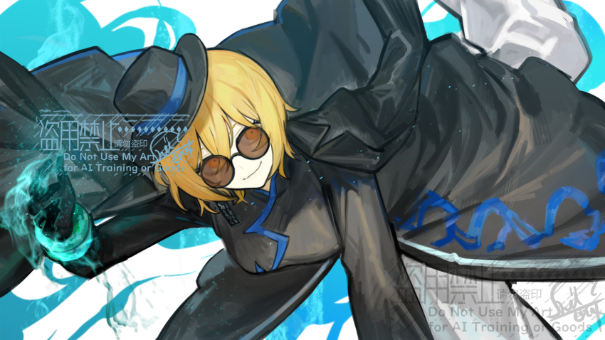 1girl black_coat black_hat black_jacket blonde_hair chinese_clothes cinq_association_east_uniform closed_mouth coat coat_on_shoulders don_quixote_(project_moon) fedora hat highres jacket jade_bracelet limbus_company nishikujic orange_eyes pants project_moon round_eyewear short_hair smile solo sunglasses white_pants