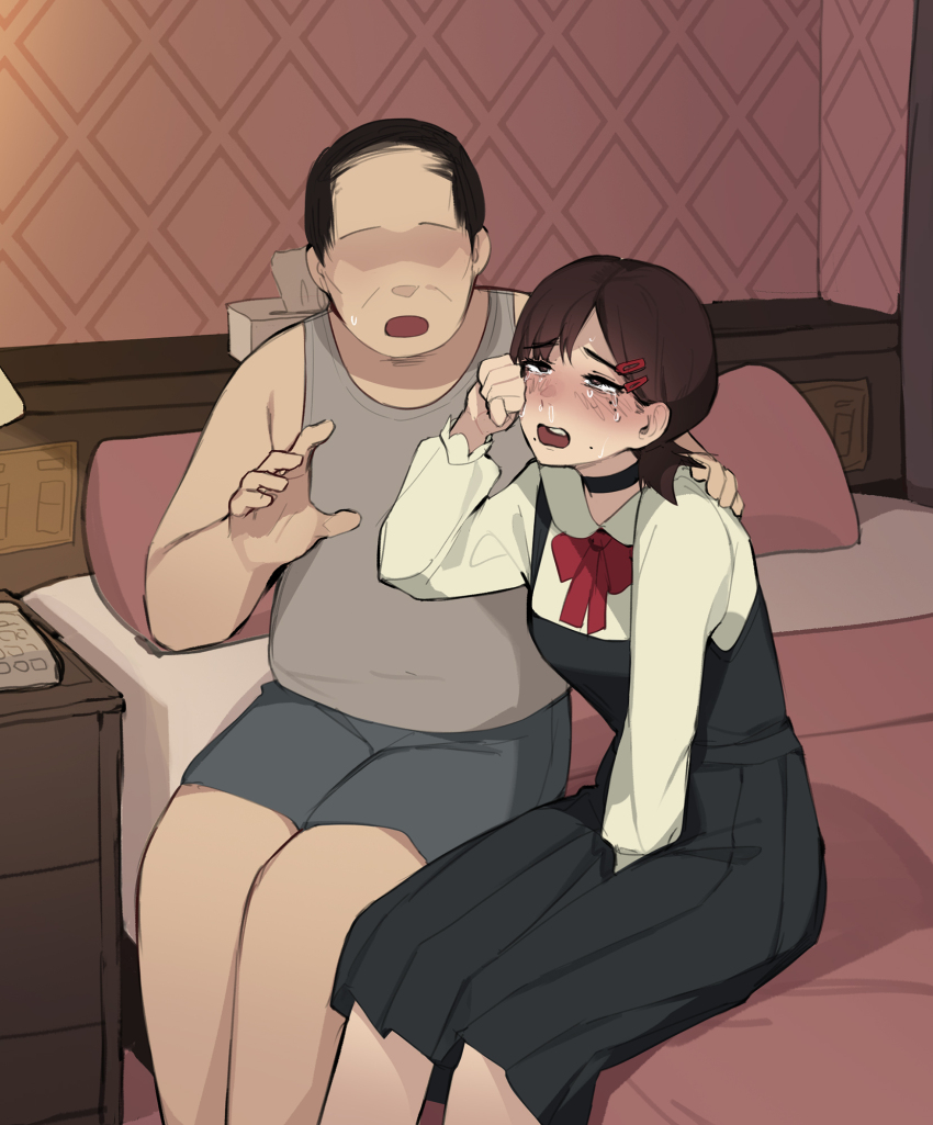 1boy 1girl age_difference arm_between_legs black_choker black_dress blush boxers chainsaw_man choker crying crying_with_eyes_open dress faceless faceless_male fat fat_man grey_tank_top hand_on_another&#039;s_shoulder higashiyama_kobeni highres indoors looking_up male_underwear mature_male mole mole_under_eye mole_under_mouth multiple_moles neck_ribbon pepper0 pinafore_dress red_ribbon ribbon shirt sitting sleeveless sleeveless_dress snot sweatdrop tank_top tears tissue_box underwear white_shirt