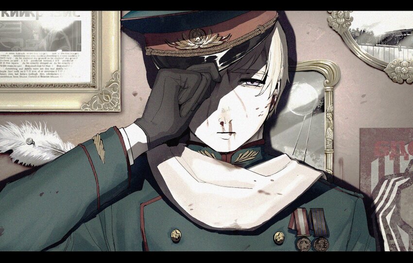 1boy axis_powers_hetalia black_border black_gloves blood blood_on_clothes blood_on_face border buttons closed_mouth commentary english_commentary feathers gloves green_hat green_jacket hand_on_headwear hand_up hat hat_ornament highres jacket long_sleeves looking_at_viewer male_focus medal military_hat military_jacket military_uniform nosebleed pcpc_onaka picture_frame poster_(object) purple_eyes russia_(hetalia) russian_text scarf shadow short_hair solo space sputnik star_(symbol) star_hat_ornament star_ornament upper_body white_hair white_scarf