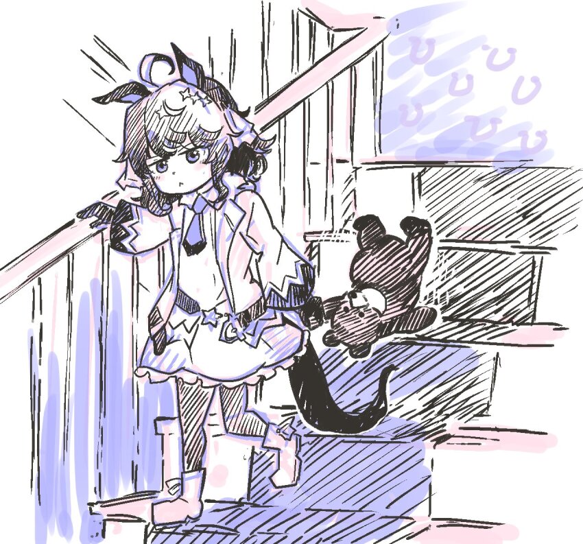 1girl :&lt; aged_down ahoge animal_ears daring_tact_(umamusume) dragging dress gloves hand_on_railing hatching_(texture) holding holding_stuffed_toy horse_ears horse_girl horse_tail jacket medium_hair necktie open_clothes open_jacket outdoors pantyhose railing shoes short_necktie sidelocks solo stairs stuffed_animal stuffed_toy tail teddy_bear umamusume wingo_(wingo809361131)