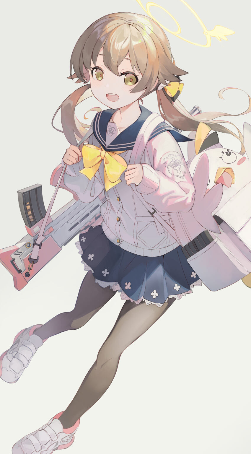1girl :d absurdres assault_rifle bag blue_archive blue_sailor_collar blue_skirt bow bowtie bullpup cardigan commentary full_body gun hair_between_eyes hair_bow hair_flaps halo hands_up hifumi_(blue_archive) highres holding holding_bag kyo_mizusawa l85 light_blush light_brown_hair long_hair long_sleeves low_twintails open_mouth pantyhose rifle sailor_collar school_uniform shoes simple_background skirt smile sneakers solo teeth three_quarter_view twintails upper_teeth_only weapon white_background white_bag white_cardigan white_shoes winged_halo yellow_bow yellow_halo