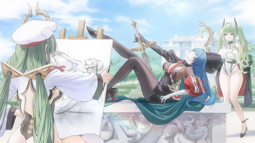 3girls azur_lane beret black_dress black_hat blue_hair blue_sky breasts closed_eyes decorations dress green_hair hat highres holding holding_sword holding_weapon large_breasts leggings light_smile maggiore_baracca_(azur_lane) marco_polo_(azur_lane) multiple_girls non-web_source paintbrush painting_(object) purple_eyes raffaello_(azur_lane) revealing_layer sky sword thick_thighs thighs twintails weapon