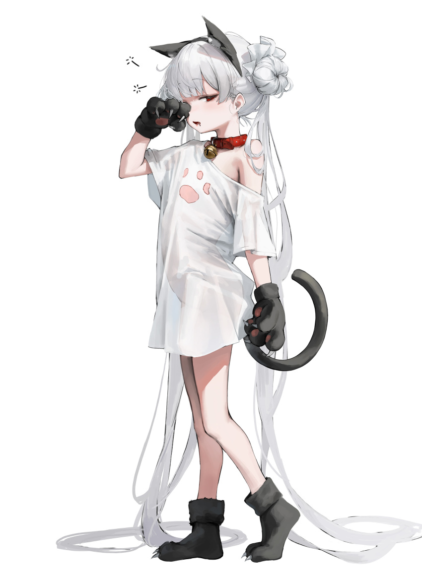 1girl absurdly_long_hair absurdres animal_ears animal_hands bell cat_ears cat_tail collar fake_animal_ears full_body gloves hair_bun highres leviathan_(hikinito0902) loli long_hair original paw_gloves paw_shoes shirt simple_background solo tail twintails very_long_hair white_background