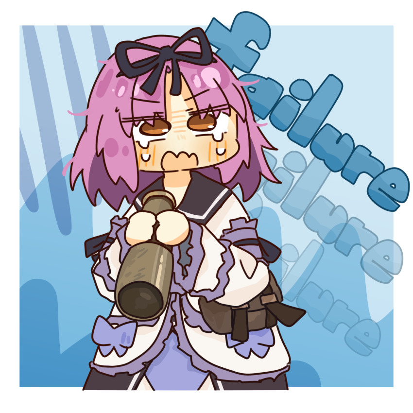 1girl bag black_skirt collared_shirt commission crying eiyuu_densetsu english_text hair_ribbon highres lcron medium_hair messy_hair parted_bangs pixiv_commission purple_hair renne_(eiyuu_densetsu) ribbon shirt shoulder_bag skirt solo sora_no_kiseki telescope white_shirt yellow_eyes
