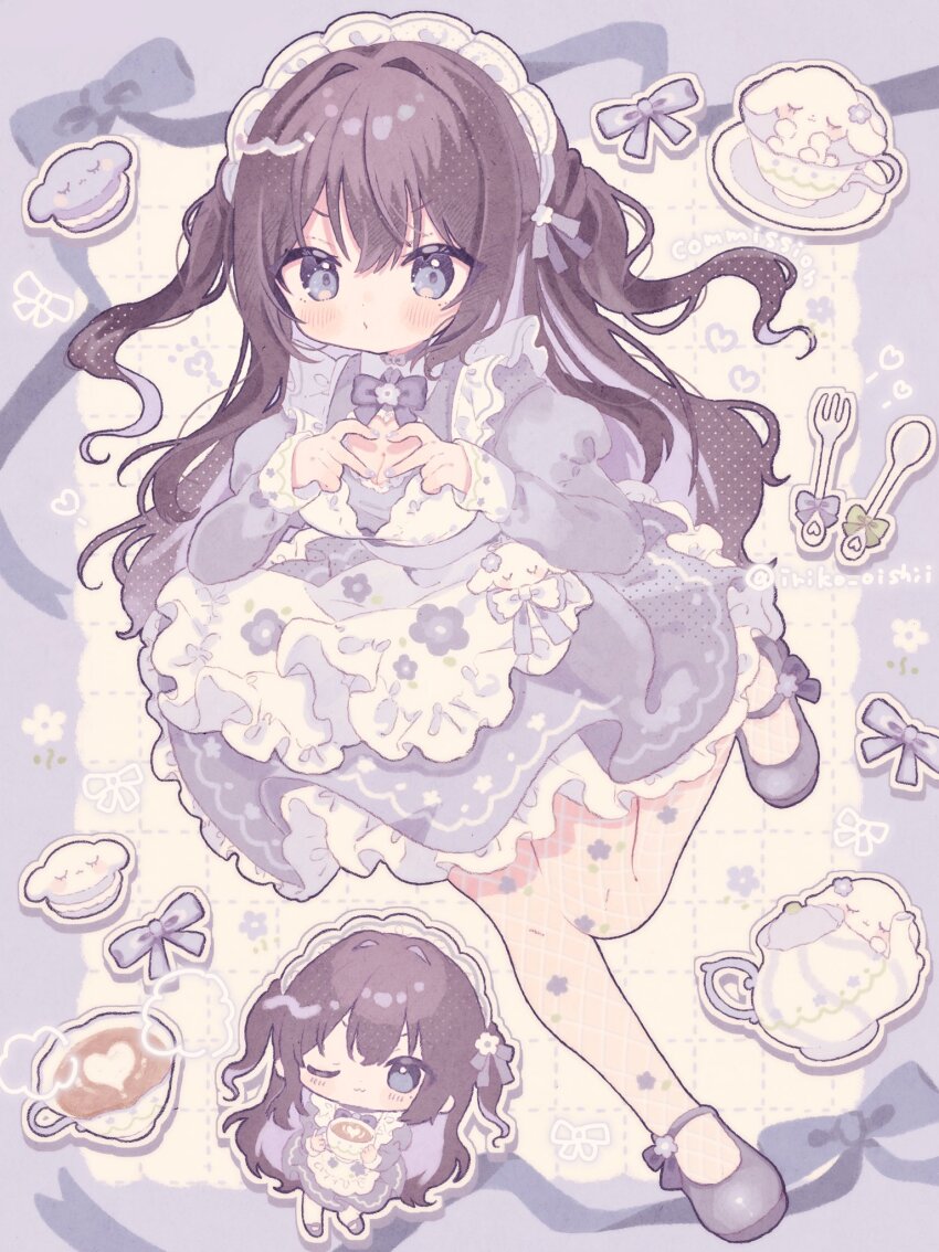 1girl four-finger_heart_hands ;3 apron blush border borrowed_character bow bowtie breasts brown_hair chibi chibi_inset cleavage closed_mouth coffee coffee_mug commentary commission cup dress fishnet_pantyhose fishnets fork frilled_apron frilled_dress frills full_body green_ribbon grid_background hair_ribbon heart heart_hands highres juliet_sleeves kamizakana_iriko latte_art leg_up long_hair long_sleeves looking_at_viewer maid maid_headdress mary_janes medium_breasts mug nail_polish one_eye_closed original outside_border pantyhose puffy_sleeves purple_border purple_bow purple_bowtie purple_dress purple_eyes purple_nails purple_ribbon purple_shoes rabbit ribbon saucer shoes skeb_commission smile standing standing_on_one_leg teapot twitter_username two_side_up white_apron white_background white_pantyhose