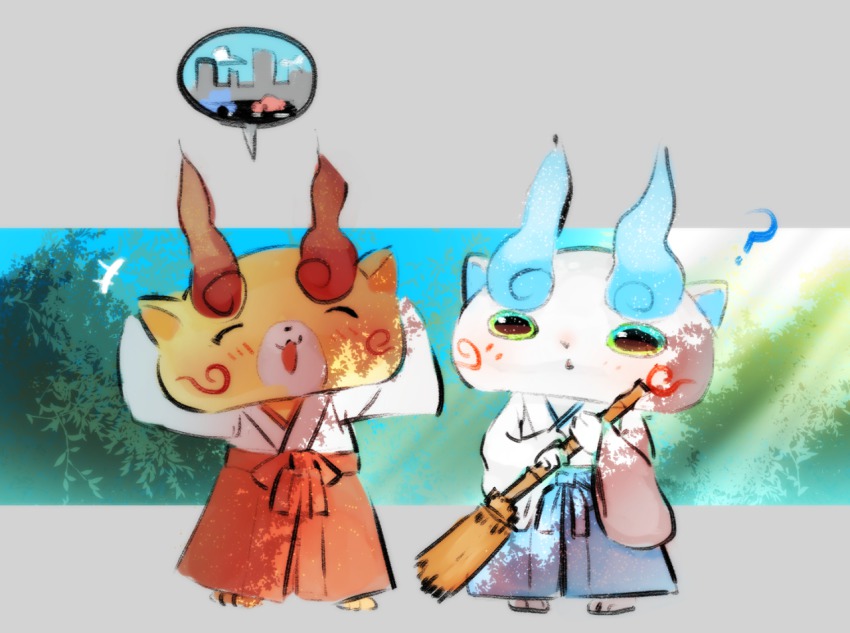 10s ? bamboo_broom blue_sky broom brothers car city closed_eyes cloud hakama japanese_clothes komajirou komasan motor_vehicle mumi_(lmr) open_mouth red_hakama road siblings sky speech_bubble spoken_object standing street traditional_youkai youkai_watch