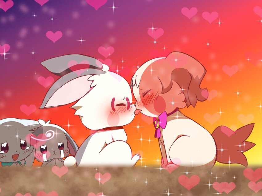 2boys 2girls @est@ blush brown_fur cat closed_eyes crying daifuku_(precure) dog glasses heart highres inukai_iroha inukai_iroha_(dog)_(@est@) licking licking_another&#039;s_face multiple_boys multiple_girls nekoyashiki_mayu nekoyashiki_mayu_(cat)_(@est@) no_humans precure rabbit shih_tzu sparkle streaming_tears tears tongue tongue_out toyama_daifuku toyama_satoru toyama_satoru_(rabbit)_(@est@) white_fur wonderful_precure!