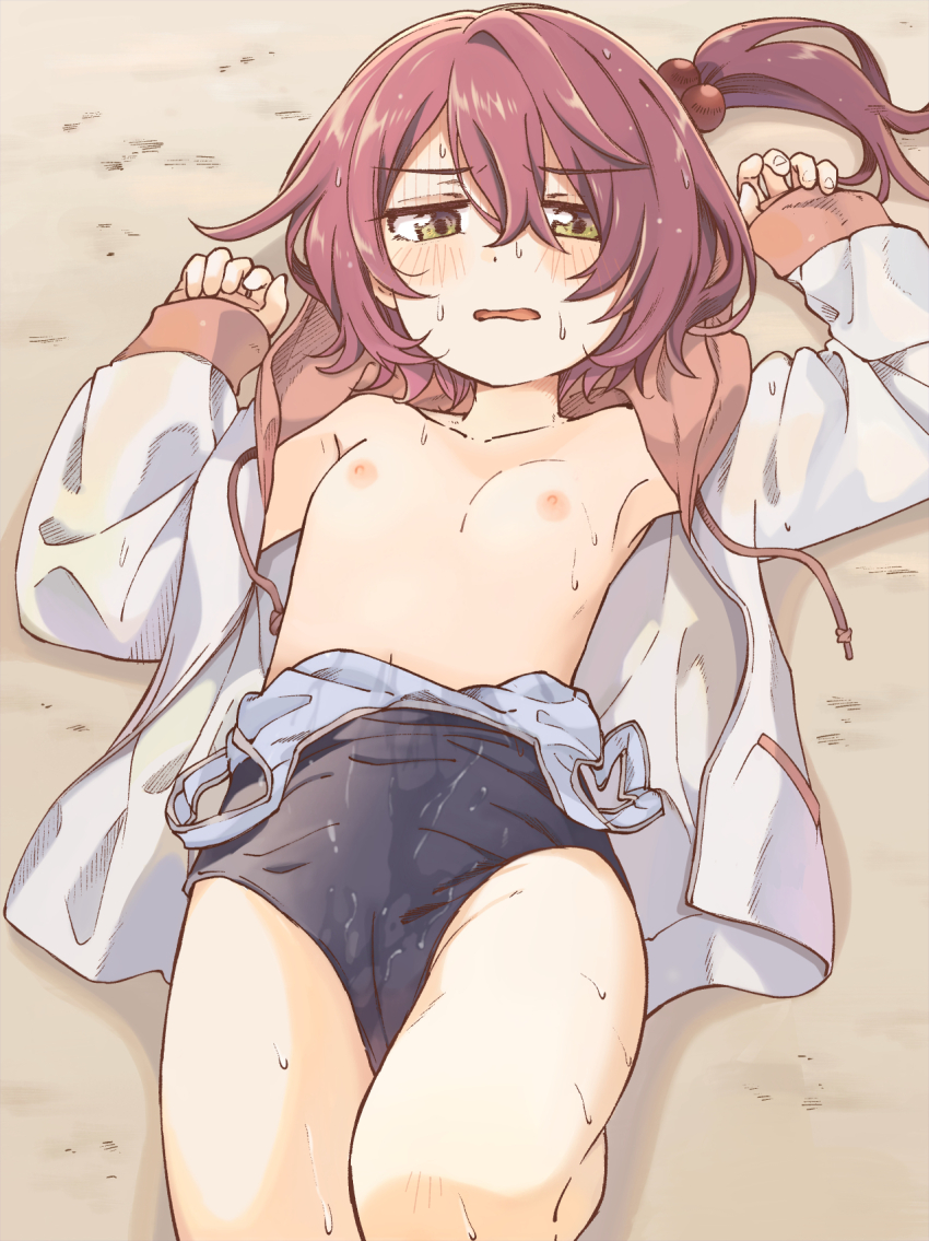 blue_one-piece_swimsuit breasts clothes_pull competition_school_swimsuit fukaku-tei hairband highres jacket komari_chika lying make_heroine_ga_oo_sugiru! one-piece_swimsuit one-piece_swimsuit_pull open_clothes open_jacket school_swimsuit short_hair small_breasts solo swimsuit topless_female wet wet_clothes white_jacket