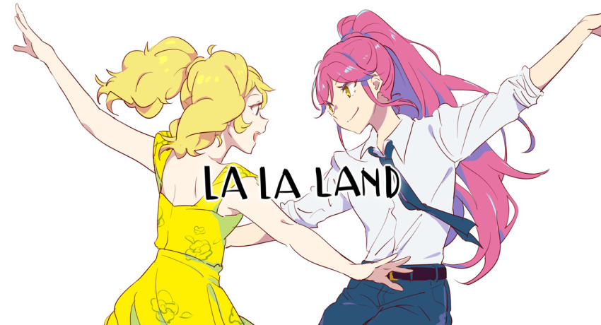 2girls :d aikatsu! aikatsu!_(series) arm_up bad_id bad_twitter_id blonde_hair blue_eyes blue_necktie blue_pants closed_mouth collared_shirt cowboy_shot dancing dress image_sample long_hair looking_at_another multiple_girls necktie open_mouth otoshiro_seira outstretched_arms pants pink_hair ponytail saegusa_kii shiontaso shirt simple_background sleeveless sleeveless_dress smile spread_arms standing twintails twitter_sample white_background white_shirt yellow_dress