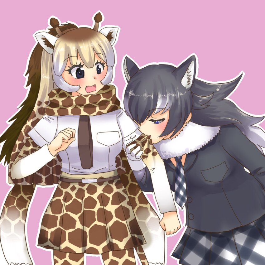 2girls animal_ears animal_print biting black_eyes blonde_hair blue_eyes blush brown_hair brown_necktie extra_ears fur_collar giraffe_ears giraffe_girl giraffe_horns giraffe_print giraffe_tail grey_hair grey_jacket grey_necktie grey_skirt grey_wolf_(kemono_friends) hair_between_eyes horns jacket kemono_friends long_hair long_sleeves multicolored_hair multiple_girls necktie pantyhose plaid_clothes plaid_necktie plaid_skirt pleated_skirt print_pantyhose print_scarf print_skirt print_sleeves reticulated_giraffe_(kemono_friends) scarf shirt shirt_tucked_in shiyo_(cvn00m) short_sleeves sidelocks skirt surprised tail white_fur white_hair white_shirt wolf_ears wolf_girl