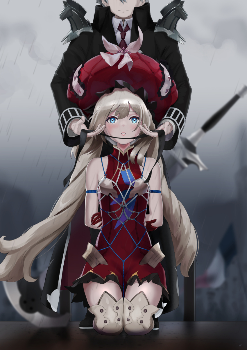 1boy 1girl arms_behind_back bare_shoulders bdsm blindfold blue_eyes bondage bound charles-henri_sanson_(fate) cloud cloudy_sky commentary_request fate/grand_order fate_(series) french_flag frilled_hat frills gloves grey_hair hat highres large_hat lips marie_antoinette_(fate) miniskirt outdoors pixiv_fate/grand_order_contest_2 platinum_blonde_hair rain red_gloves red_headwear restrained sharpffffff short_hair skirt sky twintails