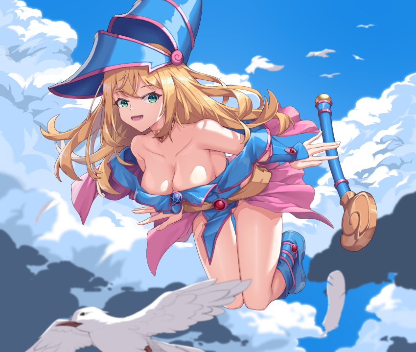 1girl absurdres bird blonde_hair blue_dress boots breasts cane cleavage cloud cloudy_sky collarbone dark_magician_girl dress duel_monster flying green_eyes hat highres large_breasts legs legs_together long_hair open_mouth sky smile solo thighs witch witch_hat wristband yu-gi-oh! zggj2788