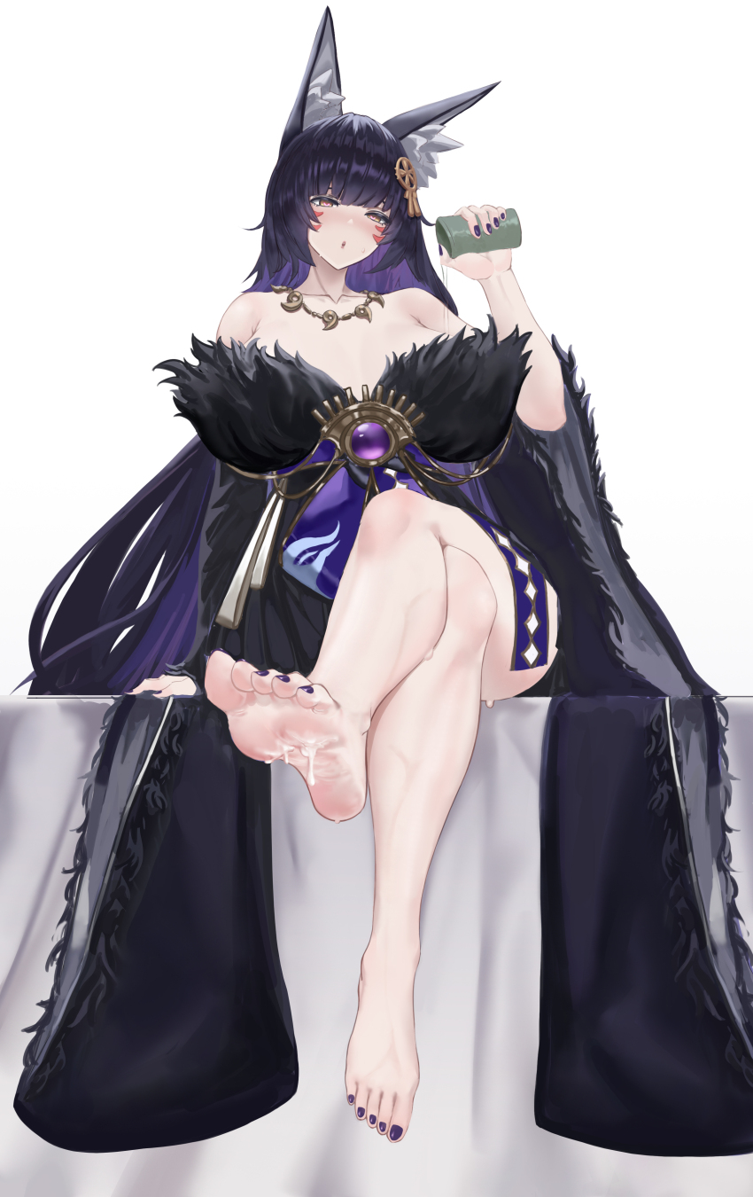 1girl absurdres animal_ear_fluff animal_ears azur_lane bare_shoulders barefoot black_hair breasts chinese_commentary cleavage collarbone colored_inner_hair commentary_request crossed_legs facial_mark full_body fur-trimmed_kimono fur_trim gem highres huge_breasts japanese_clothes jewelry kimono long_hair magatama magatama_necklace mu_zhifeng multicolored_hair musashi_(azur_lane) nail_polish necklace pouring pouring_onto_self purple_gemstone purple_hair purple_nails solo toenail_polish toenails very_long_hair whisker_markings wide_sleeves yellow_eyes