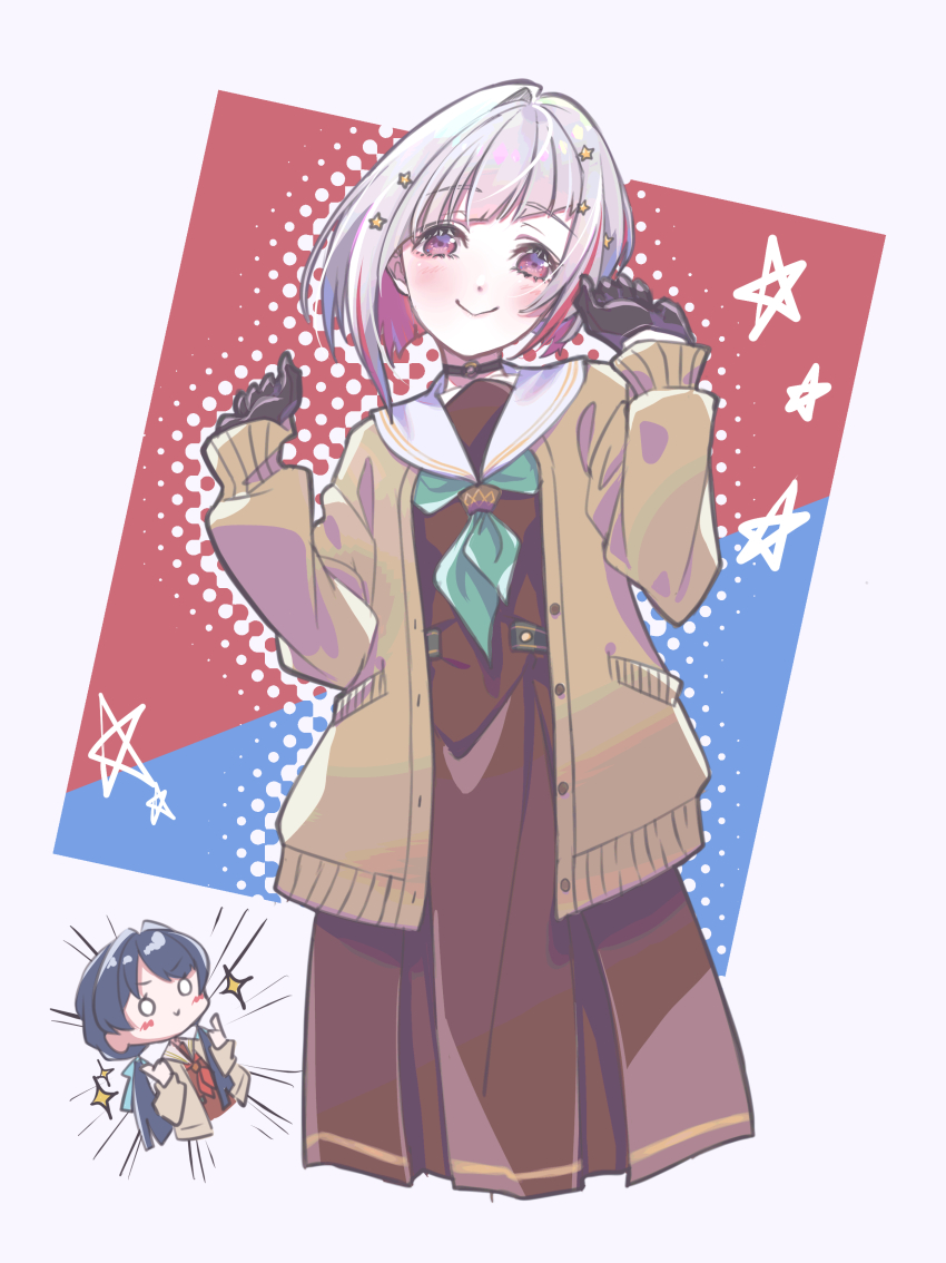 2girls absurdres aqua_neckerchief black_choker black_gloves blue_background blue_hair blue_ribbon blush bob_cut border borrowed_clothes brown_cardigan brown_dress cardigan choker clenched_hands closed_mouth colored_inner_hair commentary_request cowboy_shot cropped_legs dark_blue_hair diagonal_bangs double_thumbs_up dress gloves grey_hair hair_ornament hair_ribbon half_gloves halftone halftone_background hands_up hasu_no_sora_school_uniform highres inverted_bob kirisaki_nuko link!_like!_love_live! long_hair long_sleeves looking_at_viewer love_live! low_twintails medium_dress mole mole_on_neck multicolored_hair multiple_girls murano_sayaka neckerchief o-ring o-ring_choker o_o open_cardigan open_clothes outside_border partial_commentary pleated_dress red_background red_eyes red_hair red_neckerchief ribbon sailor_collar sailor_dress school_uniform short_hair smile solo_focus sparkle star_(symbol) star_hair_ornament streaked_hair thumbs_up twintails two-tone_background virtual_youtuber white_border white_sailor_collar winter_uniform yugiri_tsuzuri
