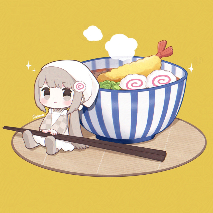 1girl apron artist_name blunt_bangs blush bowl check_food checkered_clothes checkered_dress chibi chibi_only chopped_spring_onion chopsticks closed_mouth dress food food-themed_hair_ornament food_request frilled_apron frills grey_dress grey_eyes grey_footwear hair_ornament hat highres kamaboko long_hair mini_person minigirl narutomaki narutomaki_hair_ornament original ponytail shamo3 shrimp sidelocks simple_background sitting smile solo sparkle steam tray very_long_hair white_apron white_hat yellow_background