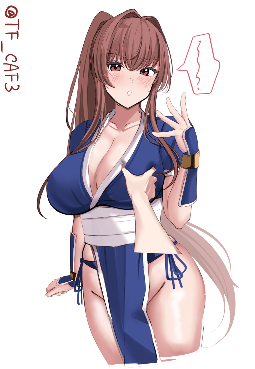 1girl arm_guards artist_name blush breasts brown_eyes brown_hair choker cleavage commentary_request cosplay cowboy_shot cropped_legs dead_or_alive disembodied_hand grabbing_another&#039;s_breast groping highres japanese_clothes kantai_collection kasumi_(doa) kasumi_(doa)_(cosplay) large_breasts long_hair looking_at_viewer meme ninja panties pelvic_curtain ponytail pov_cheek_grabbing_(meme) sash shin_guards side-tie_panties simple_background solo speech_bubble standing tf_cafe thighhighs twitter_username underwear very_long_hair white_background white_choker white_thighhighs yamato_(kancolle)