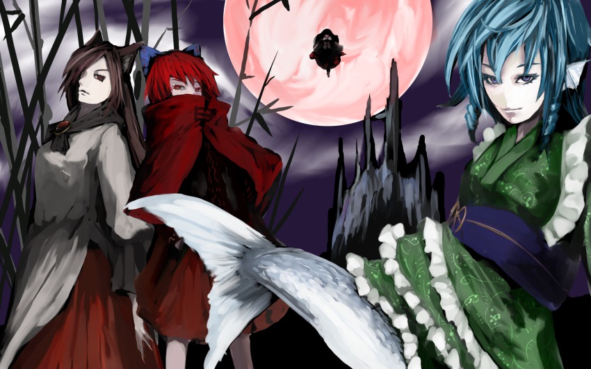 4girls amatou3 animal_ears black_hair blue_eyes blue_hair bow brooch brown_hair cape double_dealing_character dress fingernails fins frills full_moon hair_bow head_fins highres houraisan_kaguya imaizumi_kagerou japanese_clothes jewelry long_hair long_sleeves mermaid monster_girl moon multiple_girls obi red_eyes red_hair sash sekibanki short_hair skirt touhou very_long_hair wakasagihime wolf_ears