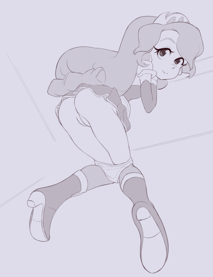 1girl absurdres amethyst_(dc) amethyst_princess_of_gemworld ass cleft_of_venus closed_mouth commission dc_comics eco19 female_focus full_body high_heels highres knees_together_feet_apart long_hair looking_at_viewer looking_back monochrome panties panty_pull pussy shoe_soles skirt smile solo thighs tiara uncensored underwear