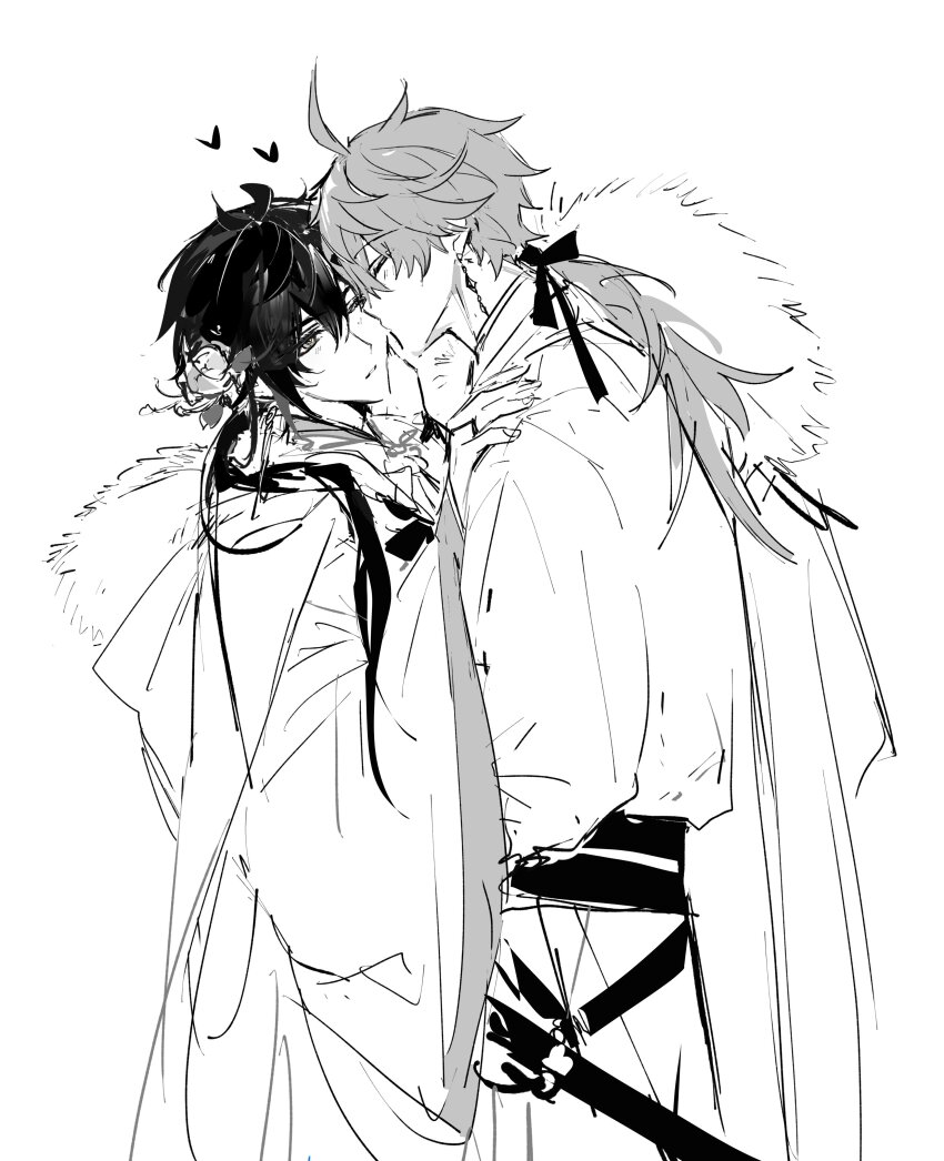 2boys alternate_hairstyle fur_trim genshin_impact greyscale hamtaru542899 japanese_clothes kimono kissing_cheek long_hair monochrome mors_gn multiple_boys official_alternate_costume twitter white_background yaoi zhongli_(genshin_impact)