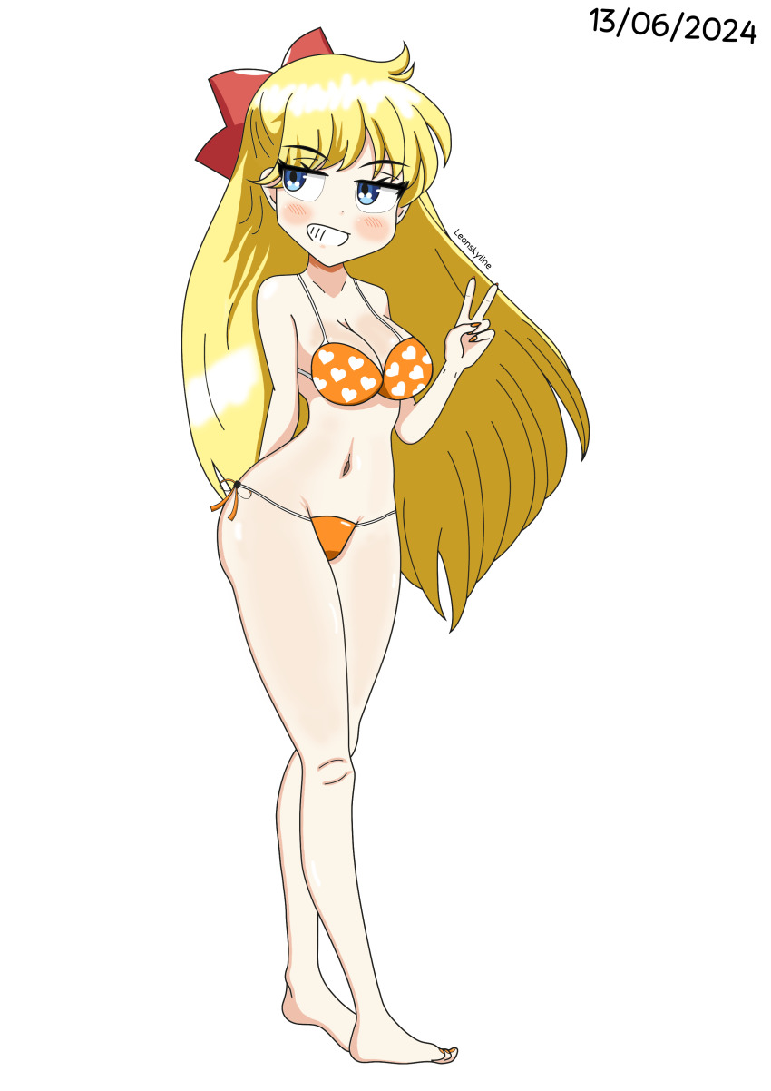 absurdres aino_minako bikini bishoujo_senshi_sailor_moon blonde_hair blue_eyes blush breasts feet hand_up heart highres legs navel orange_bikini orange_nails red_ribbon ribbon sailor_moon sailor_venus smile smug smug swimsuit thighs white_background