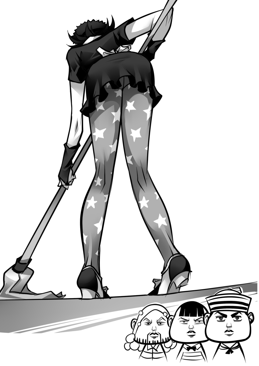 1girl 3boys ass beard bent_over bow bowtie chibi chibi_inset cleaning dixie_cup_hat facial_hair from_behind greyscale hat higashikata_joshu higashikata_josuke_(jojolion) higashikata_norisuke_iv high_heels highres jojo_no_kimyou_na_bouken jojolion maid military_hat monochrome mop multiple_boys nijimura_kei pantyhose ryuusei_(mark_ii) star_(symbol) star_print