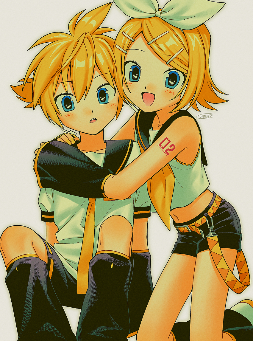 1boy 1girl :d absurdres arm_tattoo arm_warmers bare_shoulders belt black_arm_warmers black_leg_warmers black_sailor_collar black_shorts blonde_hair blue_eyes blush bow brother_and_sister cheek-to-cheek double-parted_bangs feet_out_of_frame film_grain fingernails flipped_hair grey_background hair_between_eyes hair_bow hair_ornament hands_on_another&#039;s_shoulder heads_together headset highres hug kagamine_len kagamine_rin kneeling knees_apart_feet_together knees_up leg_warmers looking_at_viewer menma_(enaic31) neckerchief necktie number_tattoo open_mouth ponytail retro_artstyle sailor_collar shirt shoes short_hair short_shorts short_sleeves shorts siblings signature simple_background sitting sleeveless sleeveless_shirt smile swept_bangs tattoo teeth twins upper_teeth_only vocaloid white_bow white_shirt white_shoes yellow_belt yellow_neckerchief yellow_necktie