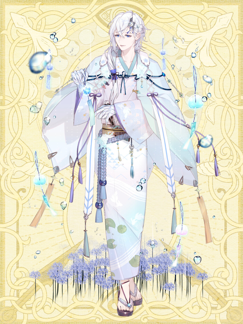 1boy animal_print blue_cape blue_eyes blue_flower blue_kimono brown_sash cape chain_paradox claws crossed_bangs crystallization fish_print floating floating_object flower folded_fan folding_fan full_body goldfish_print gradient_clothes gradient_kimono hair_behind_ear hair_between_eyes hair_bun hair_ornament hair_over_shoulder hand_fan highres holding holding_wind_chime horns ice_horns japanese_clothes kimono kino_setsuna leaf_print lily_pad long_hair long_sleeves looking_at_viewer low-tied_long_hair male_focus material_growth parted_lips purple_ribbon ribbon rope_belt sandals seigaiha shichimi single_horn single_side_bun snowflake_hair_ornament snowflake_print solo spider_lily standing tassel tassel_hair_ornament uroko_(pattern) water_drop white_hair white_kimono wide_sleeves wind_chime yaopei yellow_background yukata zouri