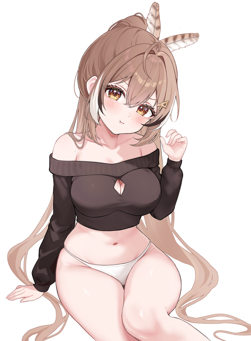 1girl absurdres ahoge alternate_costume bare_shoulders bibixart breasts brown_eyes brown_hair brown_sweater cleavage cleavage_cutout clothing_cutout commentary cropped_sweater feather_hair_ornament feathers fingernails furrowed_brow hair_ornament hand_up head_tilt highres hololive hololive_english large_breasts long_hair looking_at_viewer midriff multicolored_hair nanashi_mumei navel no_pants off-shoulder_sweater off_shoulder panties ponytail pout sitting skindentation solo stomach streaked_hair sweater symbol-only_commentary thighhighs thighs underwear v-shaped_eyebrows very_long_hair virtual_youtuber white_panties
