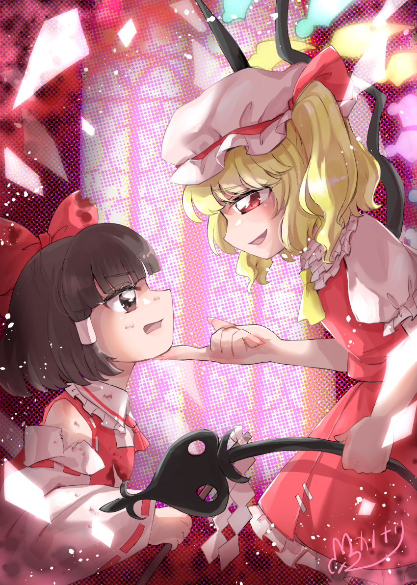 2girls absurdres ascot blonde_hair blush bow brown_eyes brown_hair collared_shirt commentary_request crystal crystal_wings defeat detached_sleeves embodiment_of_scarlet_devil eye_contact flandre_scarlet frilled_shirt_collar frills gohei hair_bow hair_tubes hakurei_reimu hand_on_another&#039;s_chin hat hat_ribbon highres holding holding_gohei kanonari long_hair looking_at_another mob_cap multicolored_wings multiple_girls one_side_up open_mouth red_bow red_eyes red_skirt red_vest ribbon ribbon-trimmed_sleeves ribbon_trim shirt short_sleeves sideways_mouth signature skirt skirt_set smile torn_bow torn_clothes torn_sleeves touhou vest white_hat white_shirt wings yellow_ascot