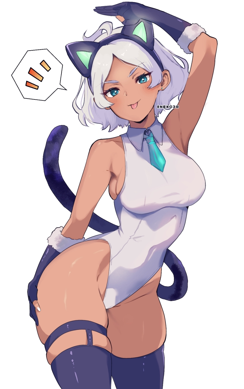 1girl :p animal_ear_hairband animal_ears aqua_eyes aqua_necktie arm_up artist_name black_gloves blush breasts cat_ear_hairband cat_ears cat_tail collared_leotard commentary_request dark-skinned_female dark_skin elbow_gloves eyelashes fake_animal_ears fur-trimmed_gloves fur_trim gloves gundam gundam_suisei_no_majo hairband hand_on_own_thigh highres leotard looking_at_viewer medium_hair mizuno374 nail_polish necktie partially_fingerless_gloves revision secelia_dote shiny_skin simple_background skindentation smile solo speech_bubble spoken_notice_lines strapless strapless_leotard tail thighs tongue tongue_out twitter_username white_background white_hair white_nails