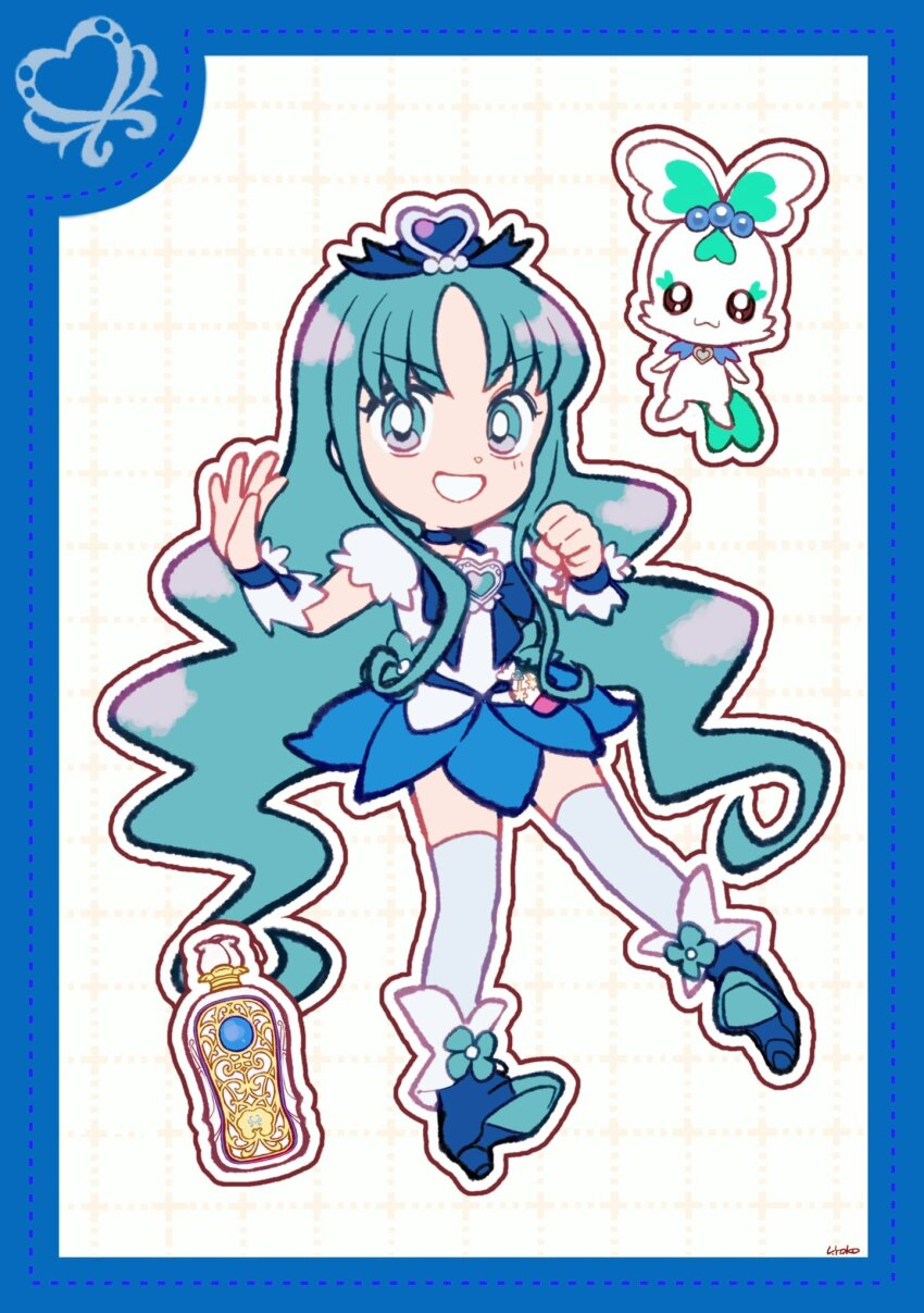 1girl ankle_flower anklet aqua_eyes aqua_flower aqua_hair beads blue_boots blue_border blue_bow blue_bowtie blue_choker blue_ribbon blue_skirt blue_thighhighs blue_wrist_cuffs boots border bottle bow bowtie brooch choker clenched_hand coffret_(heartcatch_precure!) cure_marine deformed dot_nose dotted_line eyelashes flower flower_skirt frilled_sleeves frilled_wrist_cuffs frills full_body green_brooch grid_background grin hair_beads hair_ornament hair_ribbon heart heart_brooch heart_hair_ornament heartcatch_precure! high_heel_boots high_heels highres jewelry kurumi_erika long_hair long_sidelocks magical_girl miniskirt outline parted_bangs perfume_bottle pink_bag precure puffy_short_sleeves puffy_sleeves ribbon shirt short_sleeves sidelocks signature skirt smile tareme thighhighs uwded_207 very_long_hair waist_bag wavy_hair white_background white_outline white_shirt wrist_cuffs wrist_ribbon zettai_ryouiki