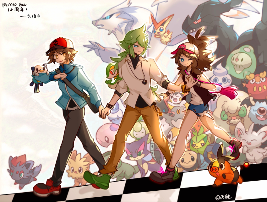 1girl 2boys absurdres axew bag bangle black_vest blue_jacket blue_shorts bracelet brown_hair brown_pants c6h14o0918 closed_mouth collared_shirt commentary_request darumaka duosion emolga gen_5_pokemon green_footwear green_hair hat highres hilbert_(pokemon) hilda_(pokemon) jacket jewelry legendary_pokemon lillipup litwick long_hair long_sleeves minccino multiple_boys munna mythical_pokemon n_(pokemon) nintendo open_clothes open_vest oshawott pants petilil pidove pink_bag pokemon pokemon_(creature) pokemon_bw purrloin red_footwear reshiram roggenrola scraggy shirt shoes short_hair short_shorts shorts shoulder_bag sidelocks smile snivy standing swadloon tepig trubbish tympole undershirt vanillite vest victini volcarona whimsicott white_hat white_shirt woobat zekrom zorua