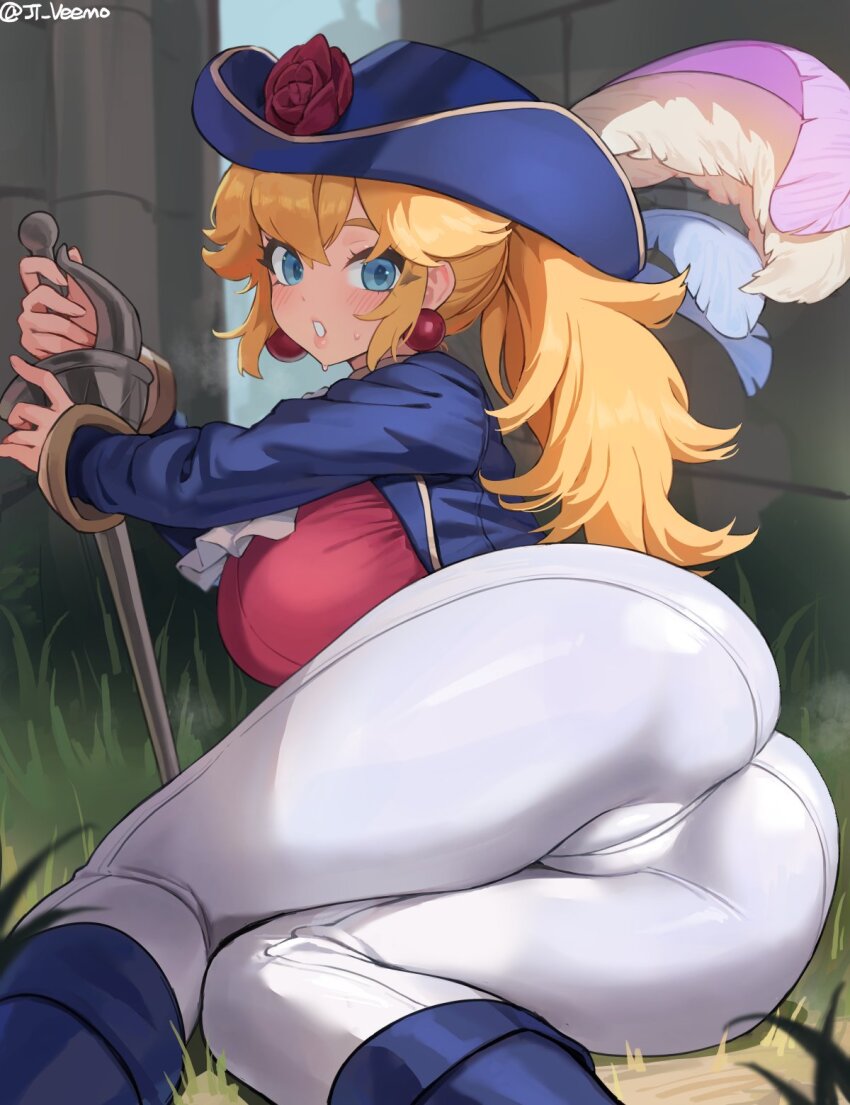 1girl ass ass_focus blonde_hair blue_eyes blush boots breasts cameltoe hat highres huge_ass jtveemo large_breasts long_hair looking_at_viewer lying mario_(series) nintendo on_side pants ponytail princess_peach princess_peach:_showtime! rapier shirt sideboob sitting solo sweat sword swordfighter_peach tight_clothes tight_pants tight_shirt weapon yokozuwari