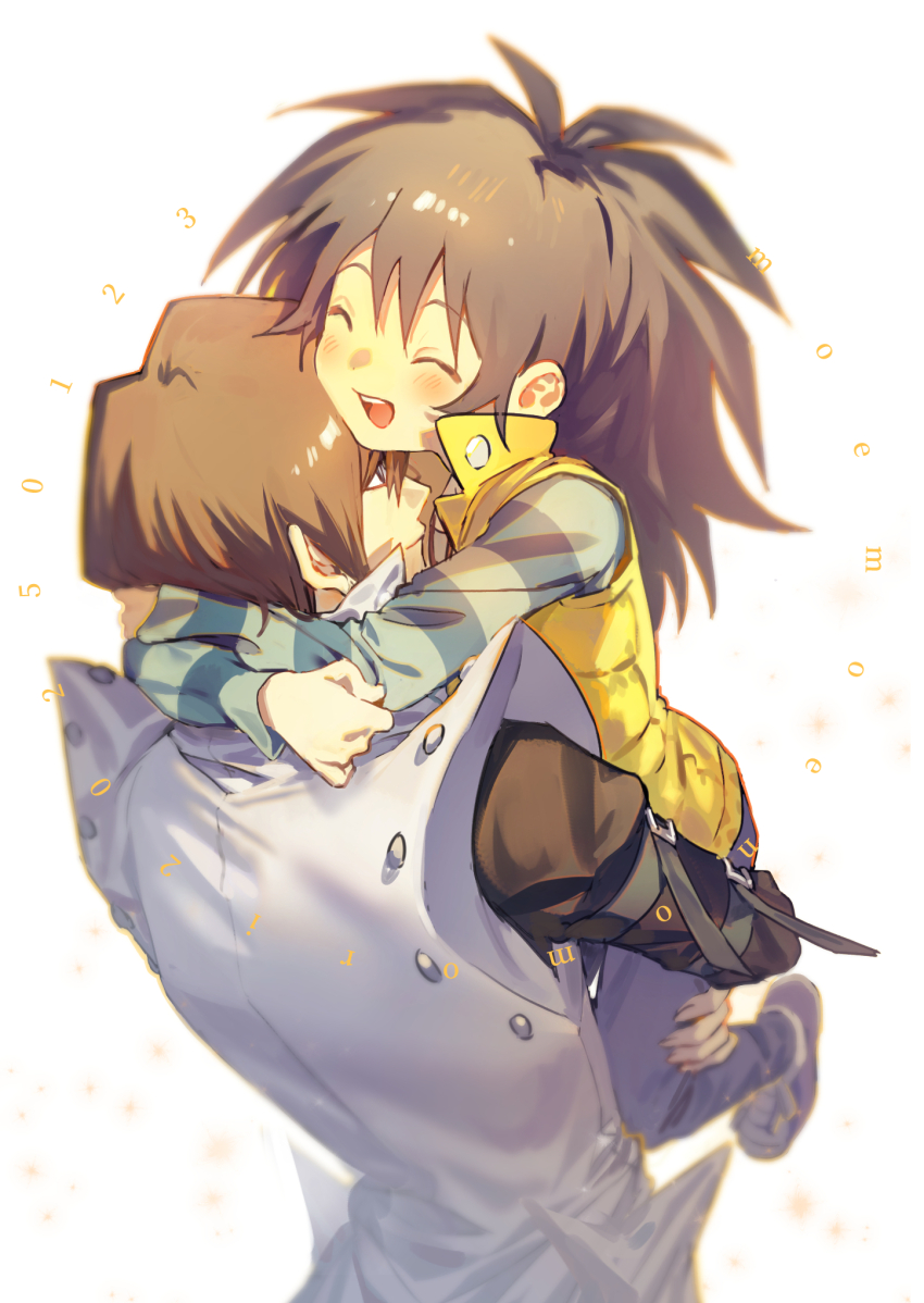 2boys black_hair blue_shirt brothers brown_hair carrying closed_eyes coat cowboy_shot full_body highres kaiba_mokuba kaiba_seto long_hair male_focus medium_hair moemoenomori multiple_boys shirt siblings simple_background smile vest white_background white_coat yellow_vest yu-gi-oh! yu-gi-oh!_duel_monsters