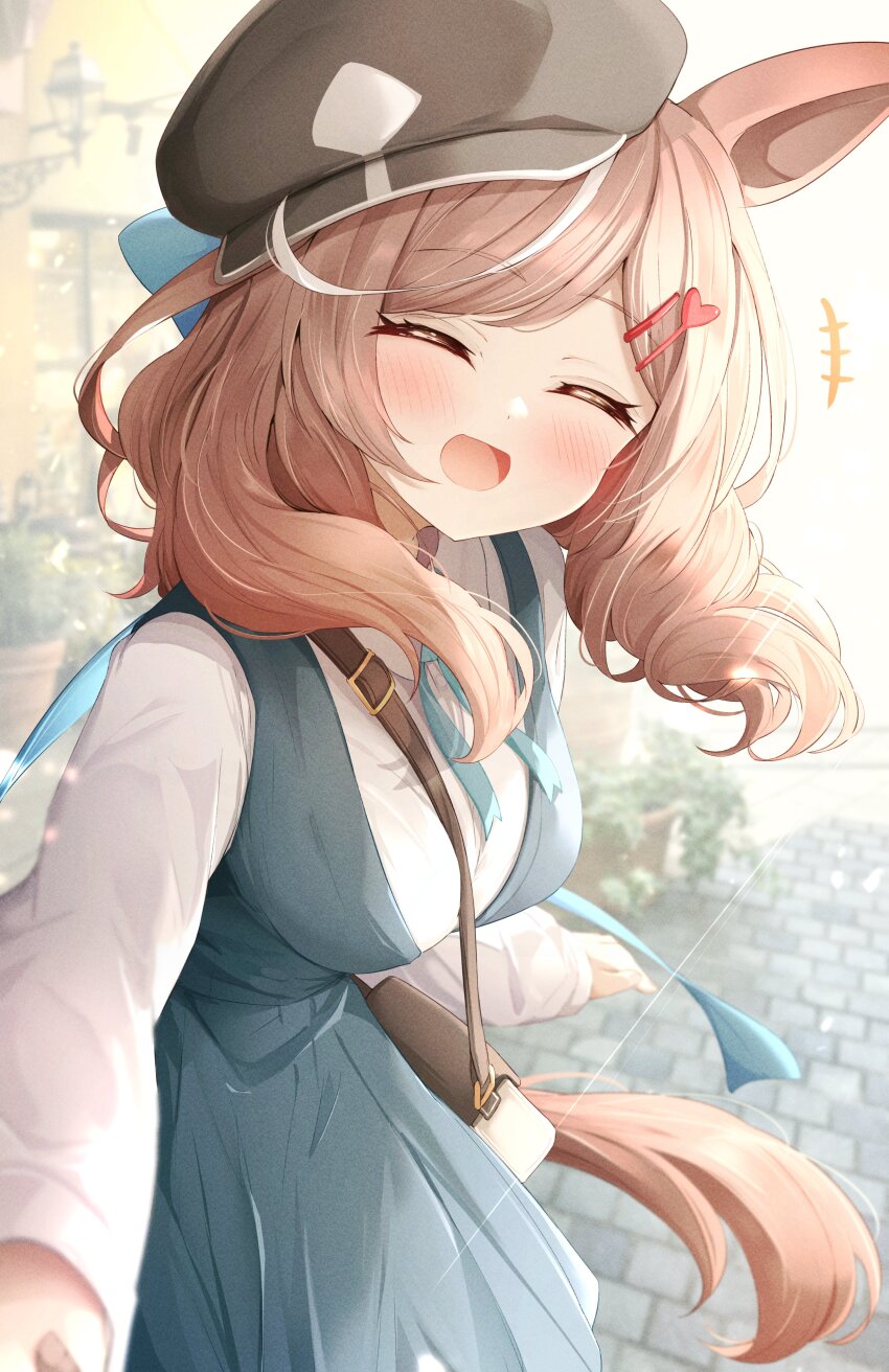 1girl absurdres animal_ears between_breasts blurry blurry_background blurry_foreground breasts casual closed_eyes commentary_request hair_ornament hairclip hat highres holding_hands horse_ears horse_girl horse_tail matikane_tannhauser_(umamusume) medium_breasts medium_hair open_mouth pov pov_hands sky_cappuccino solo tail umamusume