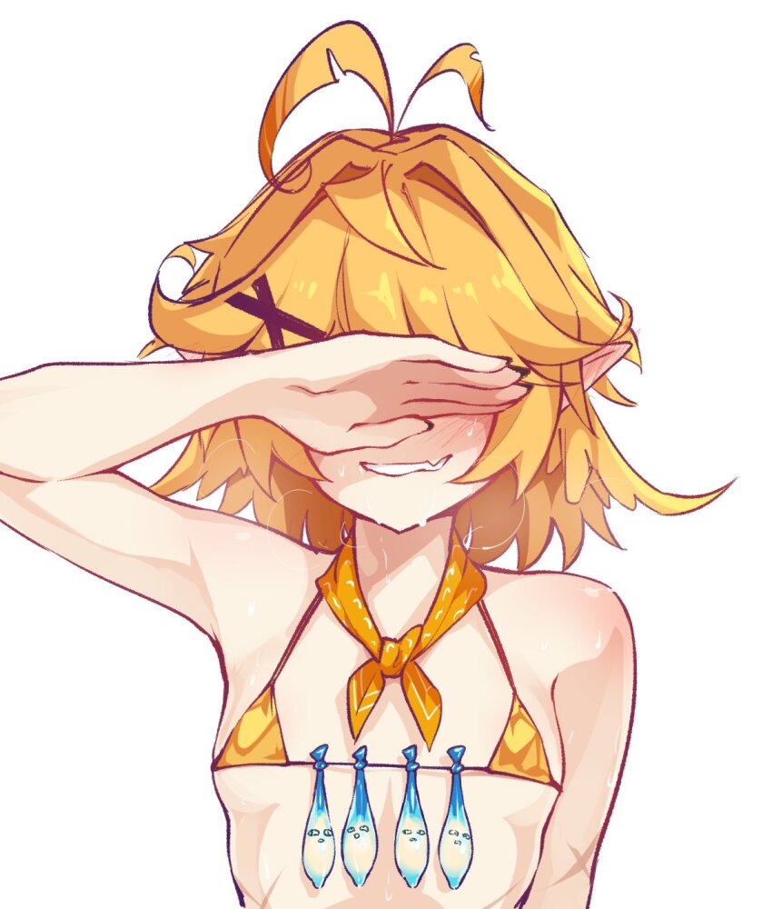 1girl antenna_hair bandana bandana_around_neck bare_arms bare_shoulders bikini blonde_hair breath commentary condom condom_belt covering_own_eyes cross_scar dokibird_(vtuber) english_commentary facing_viewer fang flat_chest grin hair_intakes hair_ornament highres indie_virtual_youtuber micro_bikini orange_bandana pointy_ears ricegnat scar short_hair simple_background skin_fang smile solo string_bikini swimsuit upper_body used_condom virtual_youtuber white_background x_hair_ornament yellow_bikini