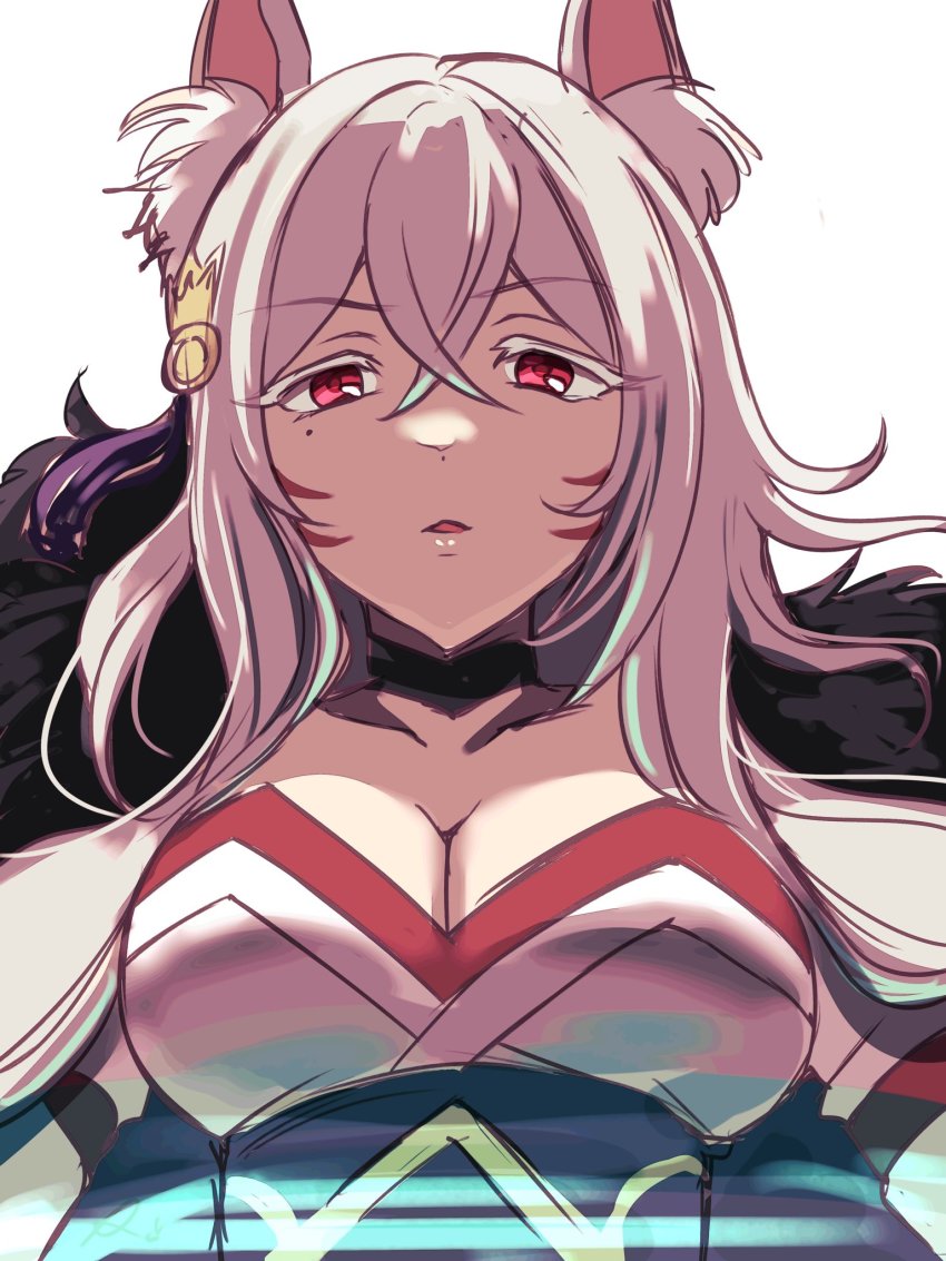 1girl animal_ear_fluff animal_ears breasts cleavage colored_eyelashes fox_ears highres japanese_clothes long_hair looking_at_viewer medium_breasts mole mole_under_eye parted_lips princess_connect! red_eyes rokico senri_mana solo straight-on white_hair