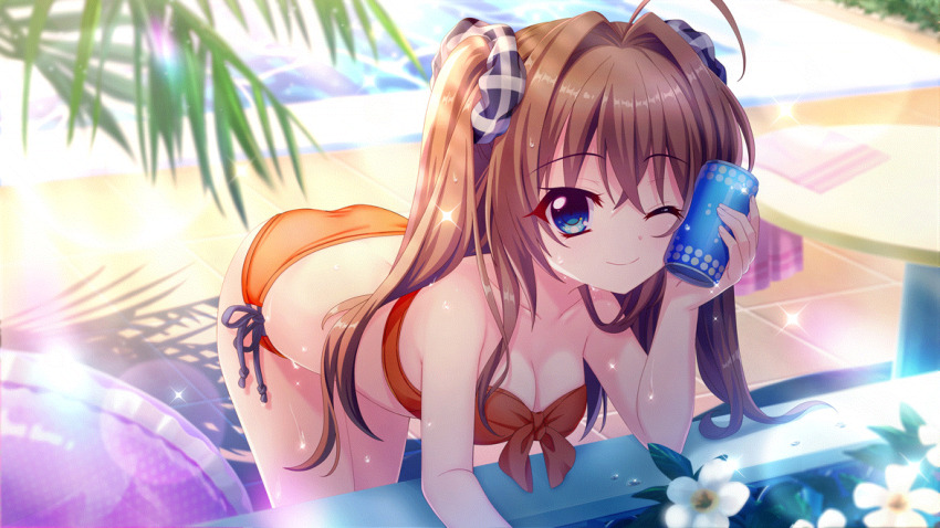 1girl ahoge ass bent_over bikini blue_eyes breasts brown_hair can cleavage closed_mouth collarbone dot_nose film_grain flower game_cg grey_scrunchie hair_intakes hair_ornament hair_scrunchie holding holding_can izumi_tsubasu lens_flare looking_at_viewer medium_breasts non-web_source official_art one_eye_closed plaid_scrunchie plant polka_dot_innertube poolside purple_innertube re:stage! red_bikini round_table scrunchie shikimiya_aone side-tie_bikini_bottom smile solo sparkle strapless strapless_bikini sunlight swimsuit table tile_floor tiles towel tower two_side_up wet white_flower