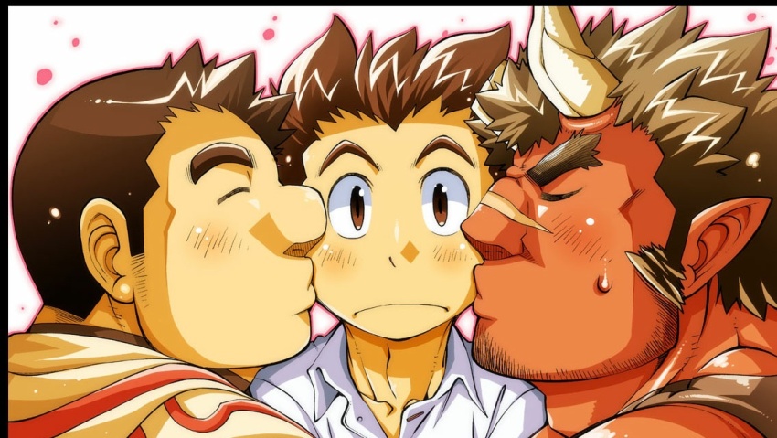 3boys bara beard_stubble black_border bombom border broken_horn brown_eyes brown_hair cheek_kiss closed_eyes closed_mouth collared_shirt colored_skin double_cheek_kiss facial_hair forked_eyebrows game_cg horns kiss kissing_cheek long_sideburns male_focus monster_boy multiple_boys muscular muscular_male official_art ogre oni_horns orgus_(f-kare) outline pink_outline pointy_ears protagonist_(f-kare) red_skin scar scar_on_face scar_on_nose shirt short_hair shoukan_yuusha_to_f-kei_kareshi sideburns sideburns_stubble simple_background sol_(f-kare) stubble sweatdrop thick_eyebrows upper_body white_background white_shirt yaoi