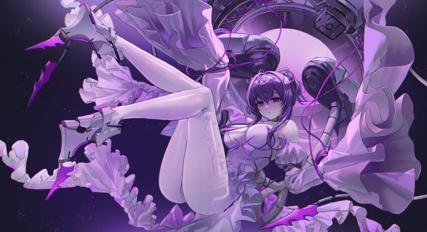 1girl absurdres armored_leotard colored_skin detached_sleeves diadem disgustingtokki frilled_skirt frills goddess_of_victory:_nikke headband highleg highleg_leotard highres horns leotard liberalio_(nikke) mechanical_horns mechanical_legs pantyhose purple_hair purple_leotard purple_skin skirt solo tube very_long_sleeves white_pantyhose