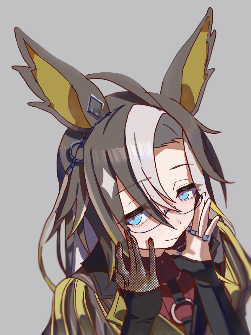 1girl absurdres ahoge animal_ears black_coat blue_eyes blush closed_mouth coat colored_inner_hair commentary_request dream_journey_(umamusume) ear_ornament gloves grey_background highres horse_ears horse_girl jewelry long_sleeves multicolored_hair multiple_rings nail_polish no_uwazumi o-ring open_clothes open_coat red_nails red_shirt rimless_eyewear ring see-through_clothes see-through_gloves shirt simple_background smile solo streaked_hair umamusume upper_body white_hair