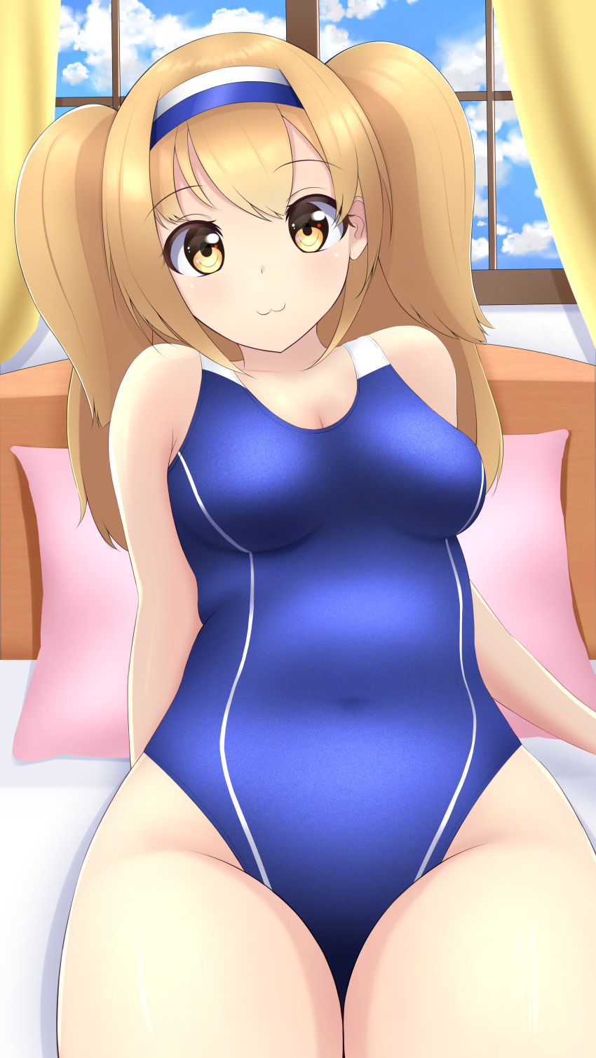 1girl :3 absurdres bed blue_sky blush breasts brown_eyes cleavage cloud cloudy_sky covered_navel curtains hair_between_eyes hairband highleg highres i-26_(kancolle) indoors kantai_collection light_brown_hair long_hair looking_at_viewer medium_breasts new_school_swimsuit nokonoko on_bed one-piece_swimsuit pillow school_swimsuit sitting sky swimsuit two-tone_hairband two_side_up window