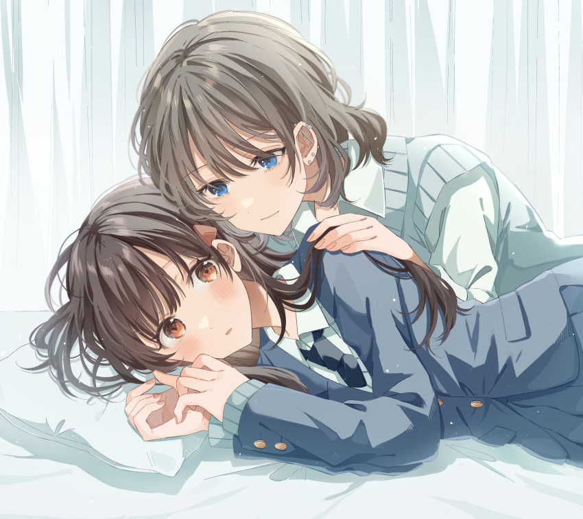 2girls absurdres black_hair blazer blue_eyes bob_cut brown_eyes brown_hair earrings highres infirmary jacket jewelry long_hair lying multiple_girls necktie on_side original pillow rococomm123 school_uniform spooning sweater_vest yuri