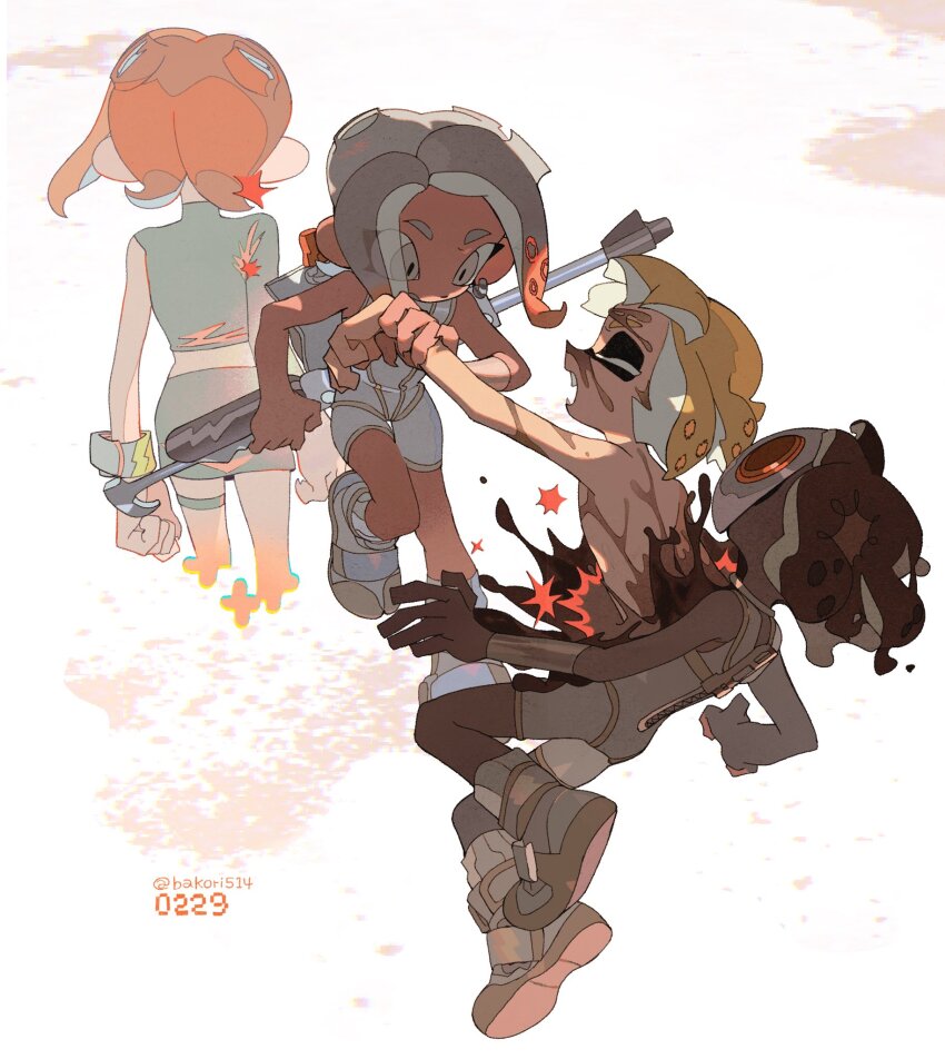 4girls agent_4_(splatoon) agent_8_(splatoon) artist_name bakori514_(h_akka) blonde_hair bodysuit closed_eyes dual_persona grey_eyes gun highres holding holding_another&#039;s_arm holding_gun holding_weapon inkling inkling_girl inkling_player_character jelleton medium_hair multiple_girls nintendo octoling octoling_girl octoling_player_character order_charger_(splatoon) parallel_canon_(splatoon) red_hair simple_background sleeveless sleeveless_bodysuit splatoon_(series) splatoon_2 splatoon_2:_octo_expansion splatoon_3 splatoon_3:_side_order tentacle_hair twitter_username weapon white_background white_bodysuit