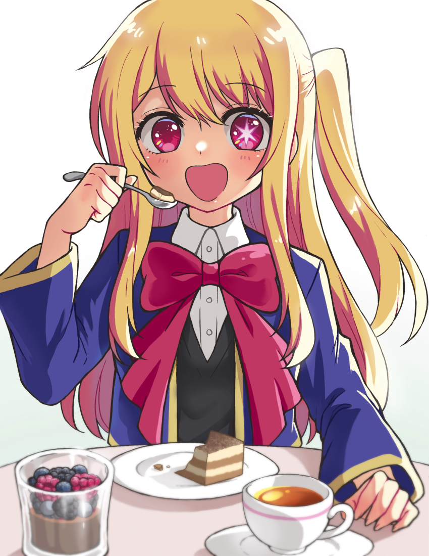1girl absurdres blonde_hair blush commission commissioner_upload desert eating food fruit hand_on_table highres hoshino_ruby long_hair long_sleeves monotsuki non-web_source open_clothes oshi_no_ko pink_eyes pink_ribbon ribbon sitting star-shaped_pupils star_(symbol) symbol-shaped_pupils tea tiramisu