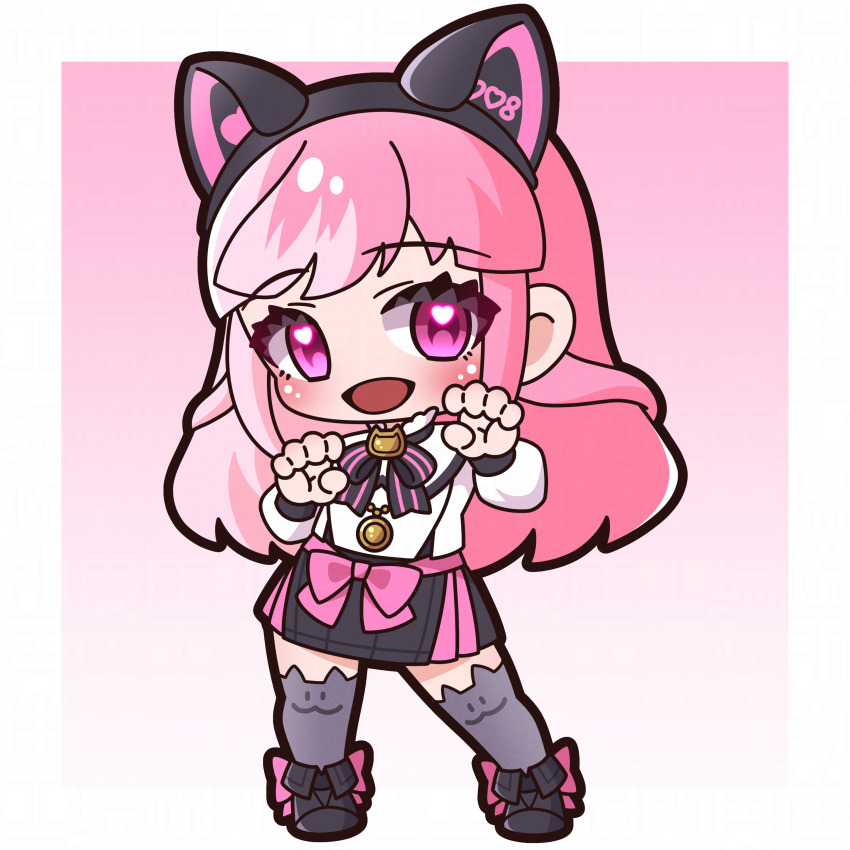 1girl :d absurdres animal_ear_headphones animal_ear_legwear animal_ears black_boots black_bow black_skirt blush boots bow chibi claw_pose commentary_request fake_animal_ears fold-over_boots full_body grey_thighhighs hands_up headphones heart heart_in_eye highres long_hair long_sleeves looking_at_viewer manekine_yukino open_mouth pink_background pink_bow pink_hair pleated_skirt puffy_long_sleeves puffy_sleeves purple_eyes re/v_project saishosaisekojo shirt skirt smile solo standing striped_bow symbol_in_eye thighhighs thighhighs_under_boots very_long_hair virtual_youtuber white_shirt