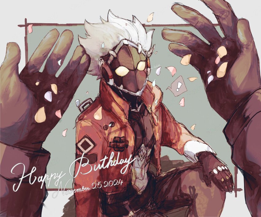 ! 1boy 1other billy_kid black_gloves black_pants border clothed_robot commentary_request dated falling_petals gloves green_background grey_border hand_on_own_knee happy_birthday high_collar highres humanoid_robot jacket looking_at_viewer mechanical_hands open_clothes pants petals pov pov_hands red_jacket robot robot_boy sagara_gala66 sitting spoken_exclamation_mark white_hair yellow_eyes zenless_zone_zero